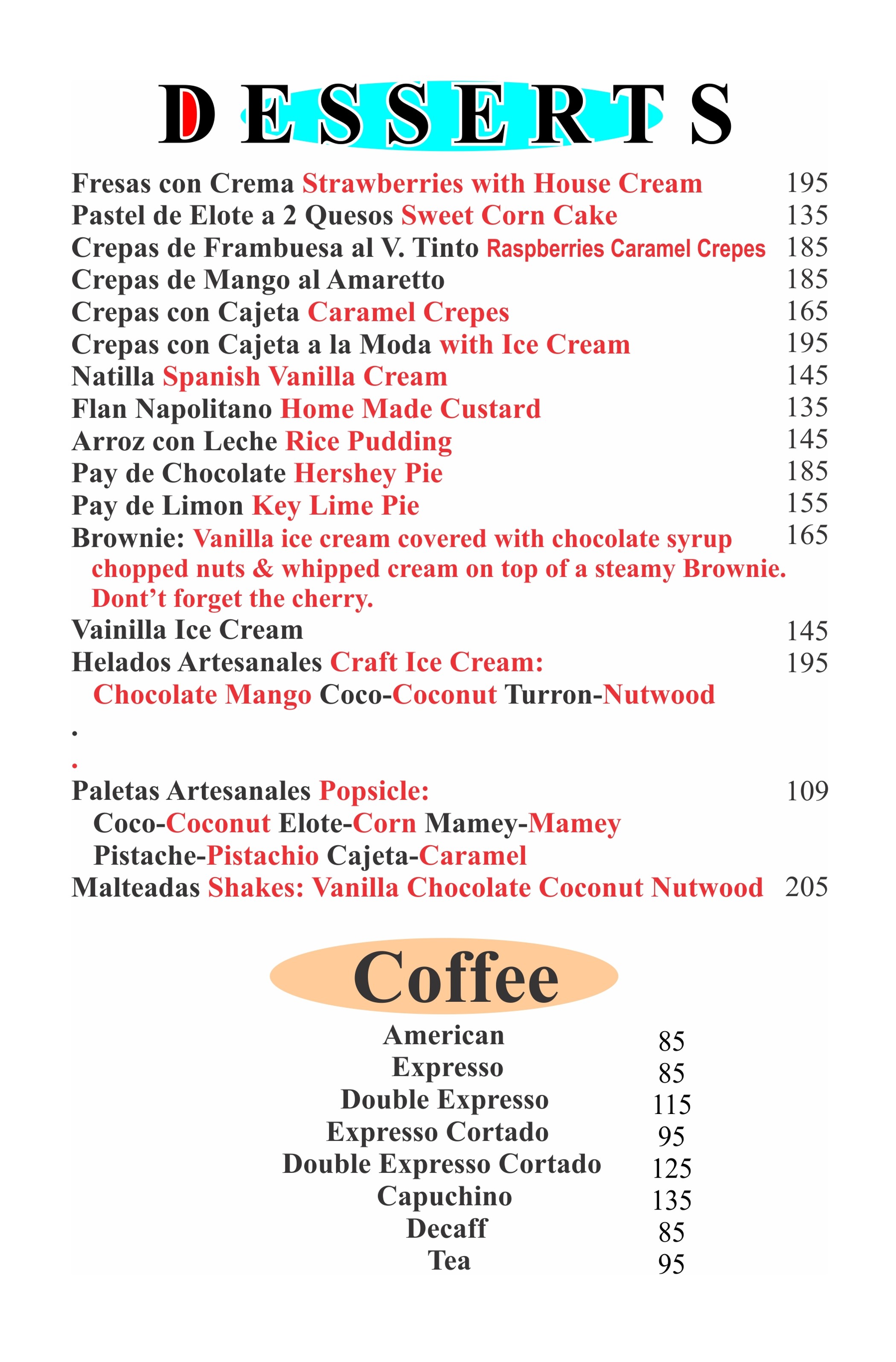 Desserts Menu Sirocco Acapulco